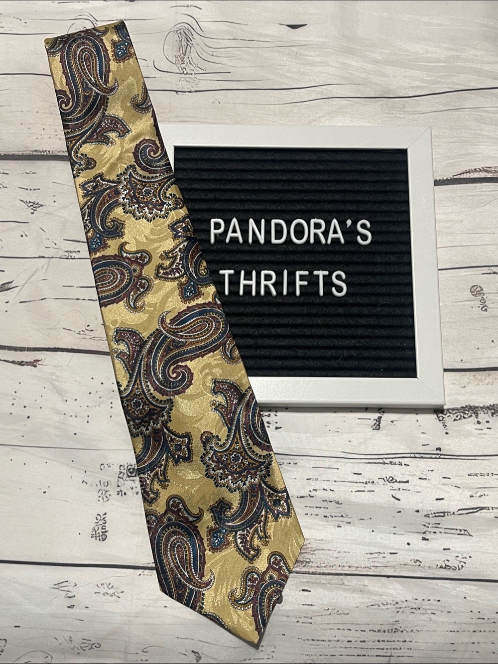 Oleg Cassini Gold Paisley Silk Tie with Blue and Brown Accents preowned